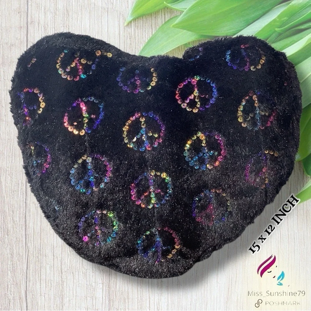 Plush heart shaped Pillow NWOT - with sequined peace signs - front and back